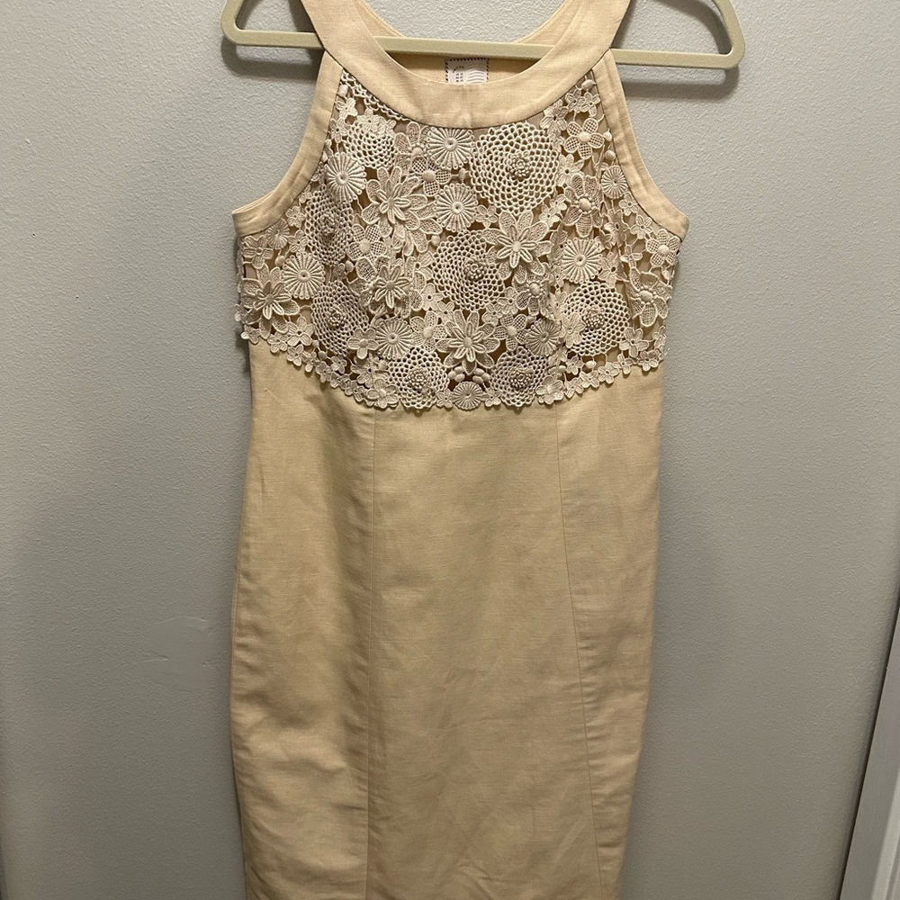 Anthropologie Postage Stamp Oleander crochet Linen Sheath Dress Size 10 Cream - Picture 5 of 14